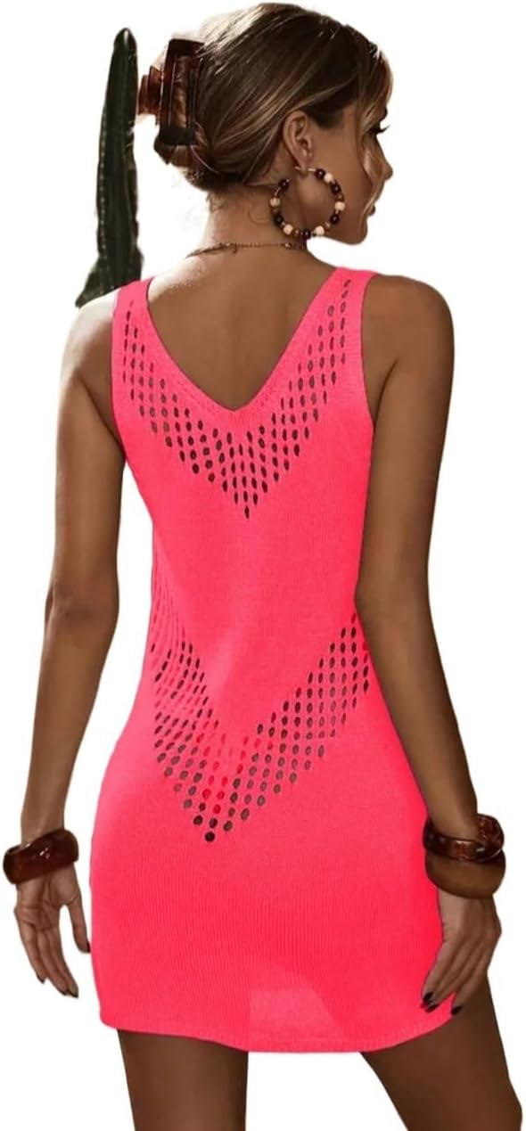 Hollow Knit Cover-Up/Dress, Women Sleeveless Tank Dress Mini Beach For Spring/Summer cover ups for swimwear
