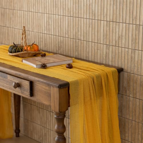 Image of Fall Golden Cheesecloth Table Runner 120 Inch Party Home Decorations | For Thanksgiving Friendsgiving Wedding Bridal Shower Baby Shower Engagement Party 10FT Rustic Boho Home Decor