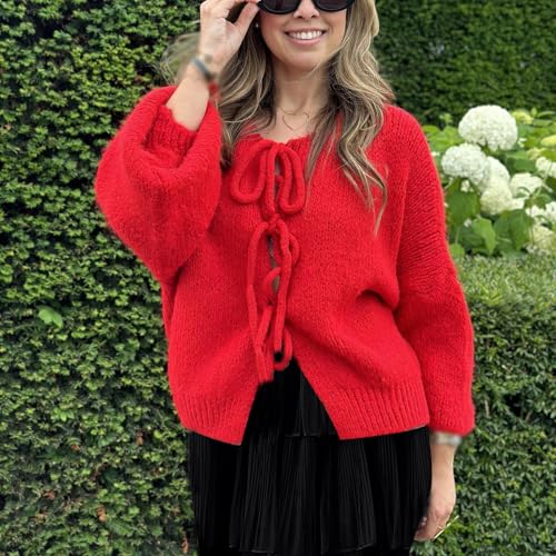 Image of Women Knitted Tie Front Cardigan Tops Casual Knitwear Top Long Sleeve Open Front Baggy Sweater Y2k Girls Outwear
