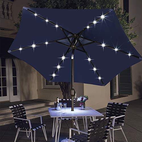 Blissun 7.5 Ft Solar Umbrella 18 Led Lighted Patio Umbrella Table Market Umbrella With Tilt And Crank Outdoor Umbrella For Garden, Deck, Backyard, Pool And Beach, Navy Blue #TOP5