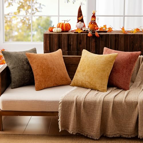 Image of MIULEE Decorative Chenille Fall Pillow Covers Orange Brown 20x20 Pack of 4