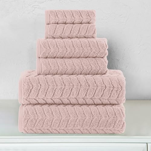 Image of Elegant Comfort Luxury 6-Piece 100% Turkish Cotton Jacquard Braided Textured Premium Hotel Quality Towel Set- Soft and Absorbent, Includes 2 Bath Towels, 2 Hand Towels and 2 Washcloths, Dusty Pink