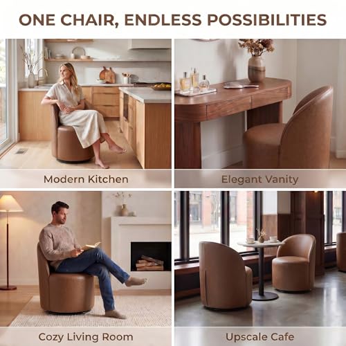Image of HNY Upholstered Kitchen & Dining Room Barrel Chairs Set of 4, Mid Century Modern Round Leather Dining Chairs, 360 Degree Swivel Comfy Armless Accent Makeup Vanity Side Chairs for Living Room, Brown