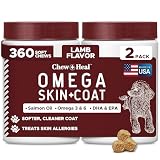 Dog Skin and Coat Supplement -360 Soft Chew Omega Treats for Skin Allergies -Salmon Oil Blend of Essential Fatty Acids, Omega 3, 6, Vitamins, Minerals -Made in USA (2 Packs of 180, Lamb Flavor)