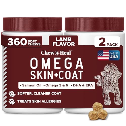 Dog Skin and Coat Supplement -360 Soft Chew Omega Treats for Skin Allergies -Salmon Oil Blend of Essential Fatty Acids, Omega 3, 6, Vitamins, Minerals -Made in USA (2 Packs of 180, Lamb Flavor)