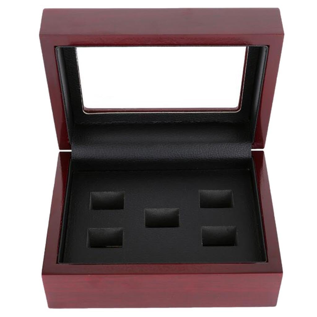 TWISAXC Premium Championship Ring Display Case Beautifully Manufactured Storing Championship Rings Wooden Jewelry Gift Box Christmas Ring Collection Box Solid, Wine Red, 5 Hole