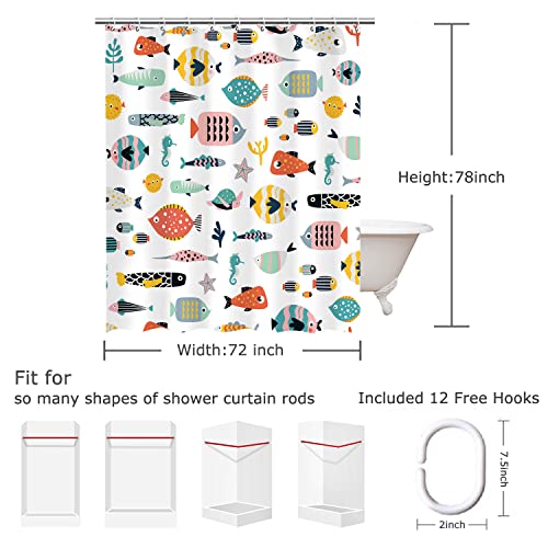 Image of RosieLily Fish Shower Curtain, Kids Bathroom Shower Curtain, Nautical Shower Curtain Set with 12 Hooks, Waterproof Colorful Animal Cartoon Fish Bathroom Decor, 72x78