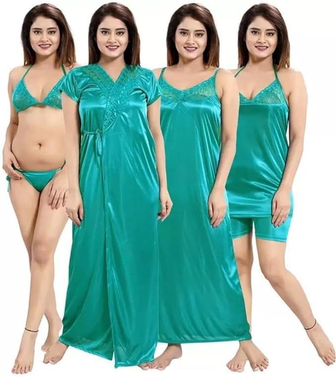 Women Satin Nighty Set with Robe Top, Shorts and Lingerie Set | Comfortable Maxi Nightwear Gown Sleepwear for Ladies for Regular & Lounge Wear (6 pcs)