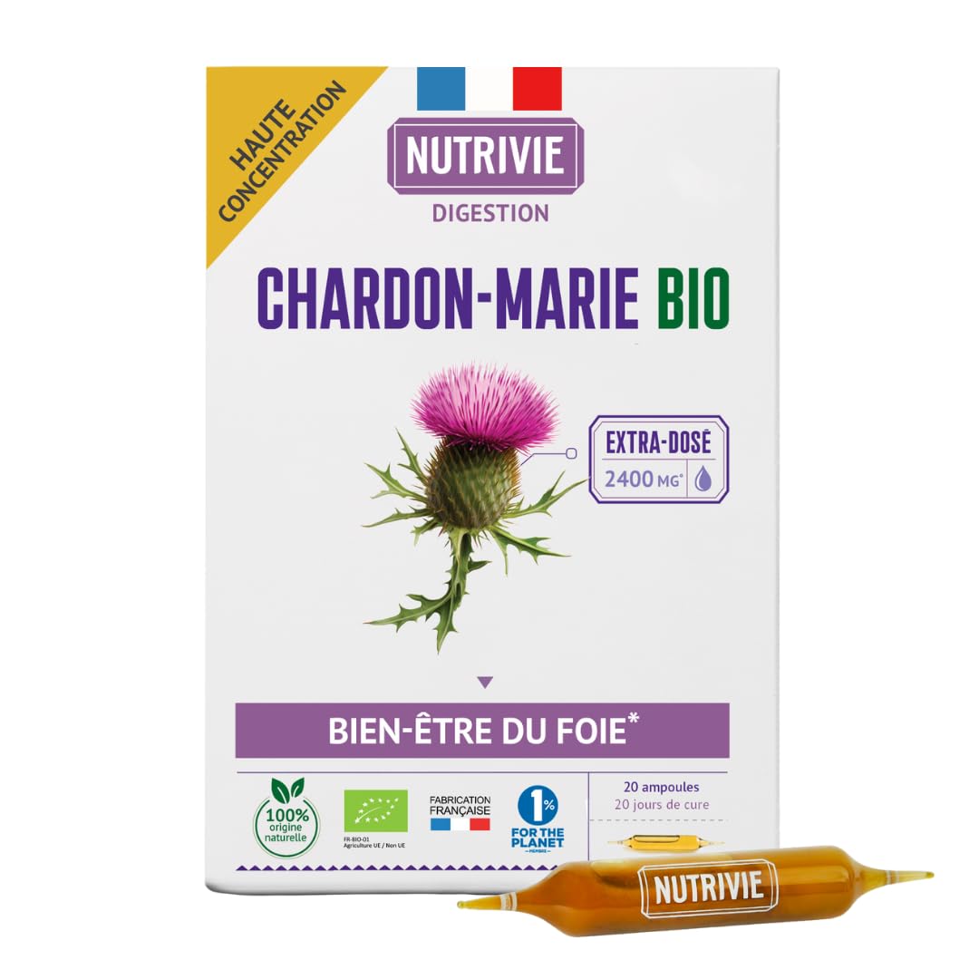 Chardon Marie Bio - Hautement dosé 2400 mg par dose - Protection du foie et Confort Digestif - 20 ampoules - Fabriqué en France - Nutrivie