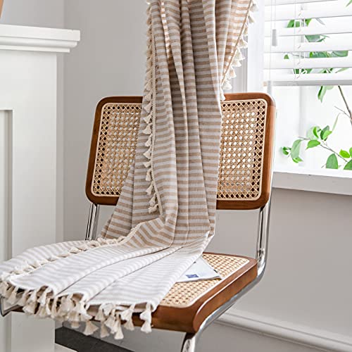 Colorbird Striped Farmhouse Curtains For Living Room, 2 Panels Cotton Linen Room Darkening Curtains 63 Inch Length Tassel Beige Rod Pocket Window Drapes For Dining Nursery Doorway thumb #4
