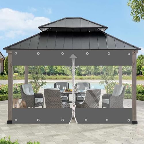 Strapazierfähige wasserdichte PVC-Plane mit Doppelreißverschluss – 420 g/m² Reißfest, Winddicht, UV-beständig, Durchsichtige Plane mit Ösen für Außenbereich, Terrasse, Veranda, Garten, Pavillon (Grau