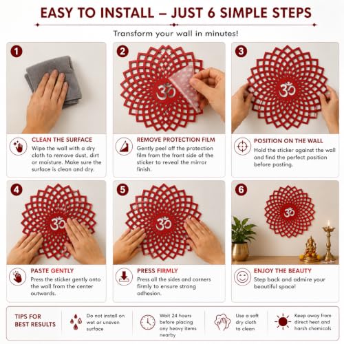 Image of Mandala Om 3D Acrylic Mirror Wall Sticker | Red Decorative Om Wall Art for Living Room, Hall, Bedroom, Kids Room, Home & Office | Self-Adhesive Spiritual Mirror Wall Decor