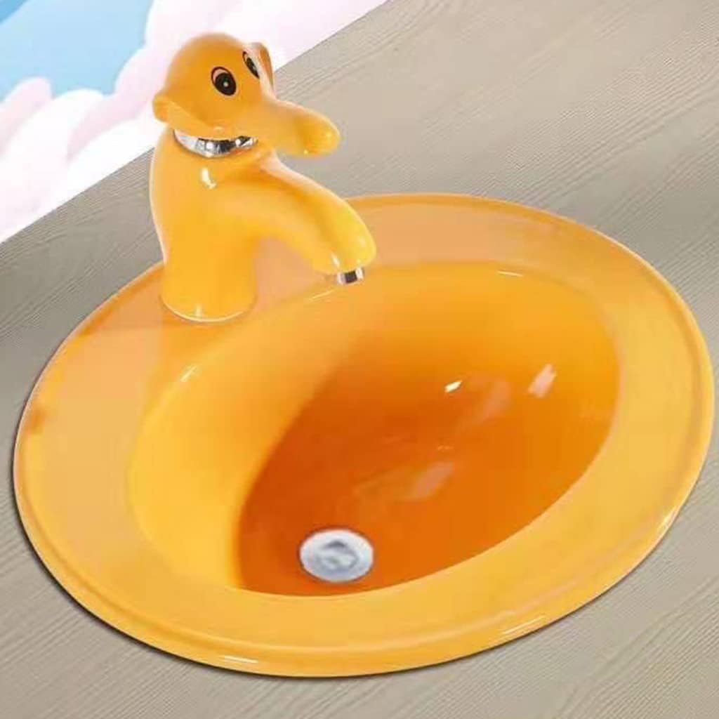 Color Washbasin,Cute Animal Cartoon Hand -Washing Pool,Bathroom Sink With Mirror and Faucet orange (Orange)