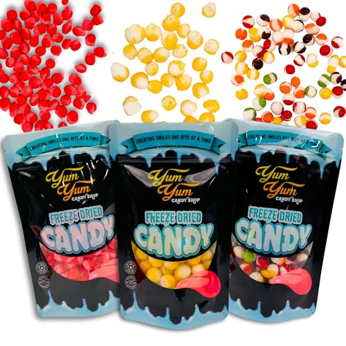 Freeze Dried Candy Variety Pack – Rainbow Krunchies, Sour Lemon Ballz, Cinnamon Hotties – Sweet & Sour Crunchy Snack – 3 Bags – Viral Snack Gift – Yum Yum Candy Shop