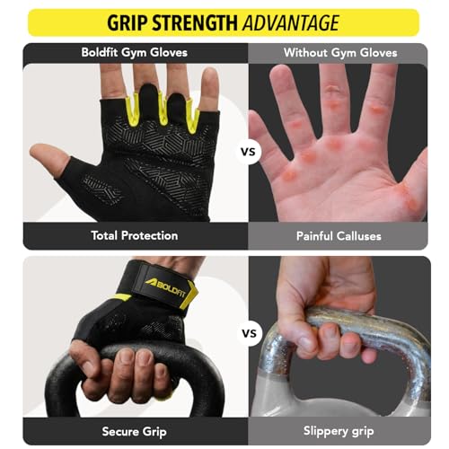 Image of Boldfit Gym Gloves for Men Workout Unisex Cushion Hand Gloves for Gym for Men & Women for Cycling, Weightlifting, Workout Comfortable Fit Bike Riding, Cycling Handgloves - Apexgrip Black Yellow S