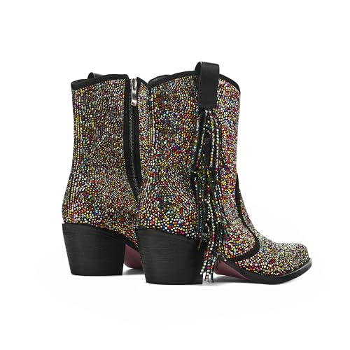 Tsrenlmln Ankle Boots for Women Pointed Toe Rhinestone Western Cowboy Slip-On Short Boots3