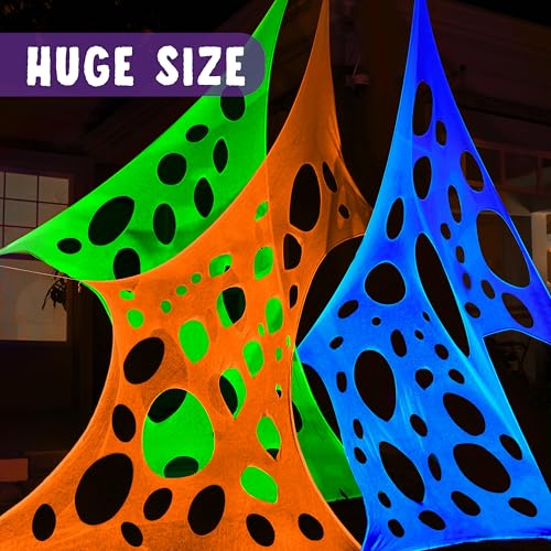 Image of JOYIN 1000sqft Halloween Spider Web Decoration Outdoor, Glow-in-the-Dark Giant Spiderweb, DIY Stretchy Flexible Beef Netting in White (Blue at Night) Green, Orange for Neon Decor Indoor Haunted House