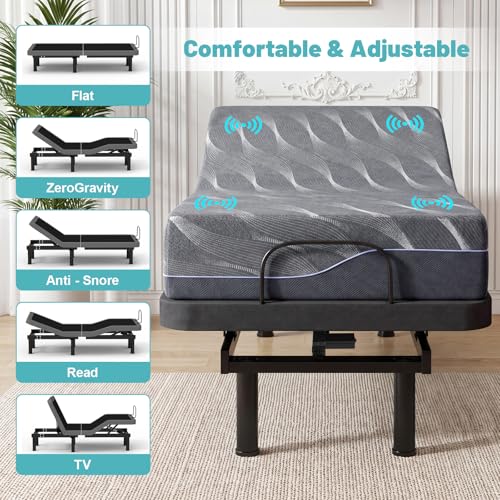 Image of Vipbear Premium TXL Adjustable Bed Frame with 12 inch Mattress, Ergonomic Smart Massage Adjustable Bed Bases with Zero Gravity, Wireless Remote & Head-Foot Incline & USB Charging, Black