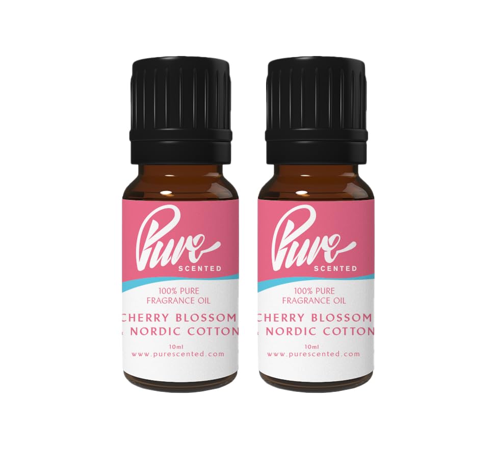 Pure Scented 20ml Fragrance Oils - 2 x 10ml Suitable for Candles, Soaps, Slime, Diffusers, Cosmetics, Wax Melts, Designer (2 x 10ml, Cherry Blossom & Nordic Cotton)