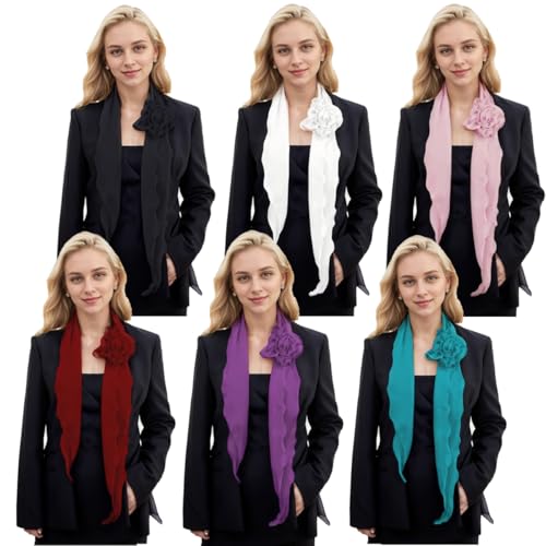6PCS Chiffon Scarf for Women Lightweight Soft Neck Scarf Accessory Rose Flower Long Skinny Necktie Choker