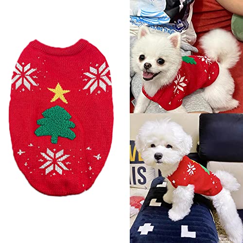 ANIAC Weihnachtspullover für kleine Hunde, Katzen, Rollkragen, Strickwaren mit Weihnachtsbaum, Schneeflocken-Muster, Welpen, Weihnachts-Outfits, Haustierwärmer, Tücher (Medium, Rot) Cover