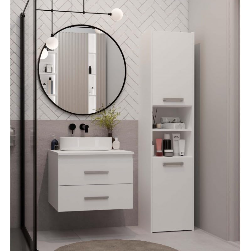 CDF Armario colgante debajo de la encimera, mueble de baño suspendido con 2 cajones para cosméticos accesorios de baño, frentes lisos con asas, moderno, blanco, 60 cm