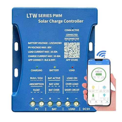 Y&H 30A Solarladeregler 12V/24V/36V PV Max. 80V WIFI Bluetooth-Kommunikation Solarpanel-Regler Intelligent für Blei-Säure- und LiFePO4-Batterien