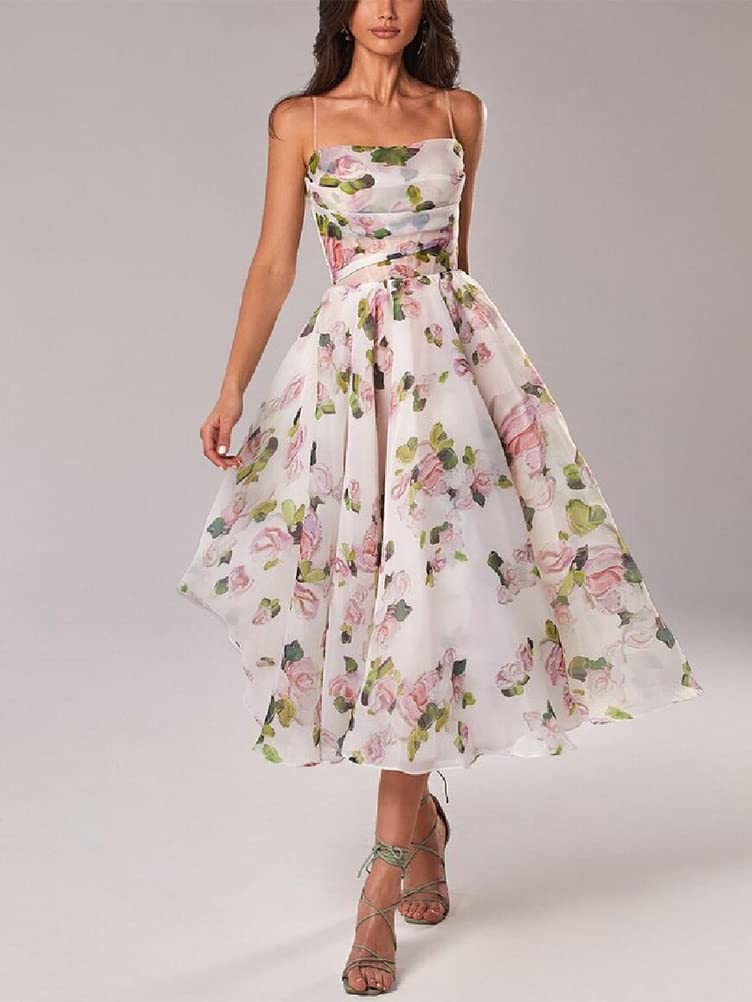 ORANDESIGNE Vestido de Flores Vintage para Mujeres Vestido de Espagueti sin Mangas de Fiesta Rockabilly Vestido Midi de Cóctel Columpio Boda Bola