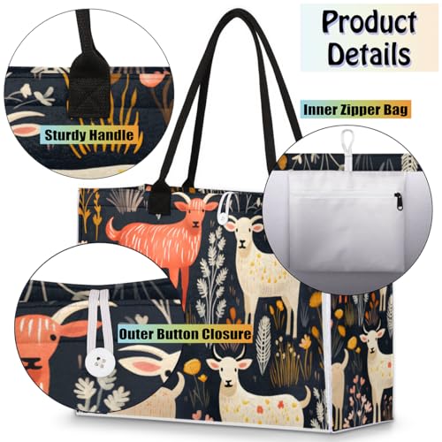 Goats Plant Flowers Tote Bag for Women Large Beach Bag Reusable Tote Bags for Work Travel Beach Shopping4