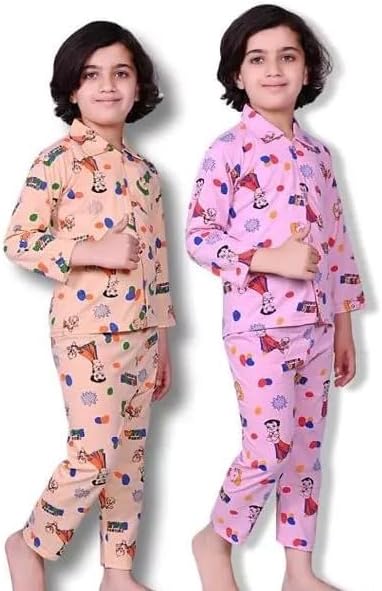 GenericJaisvi Creations Unisex Cotton Night Suit Full Sleeves, Cartoon Printed, Collared Neck,Top and Pyjama (Pack of 2)