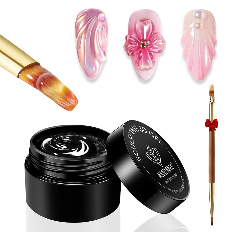 modelones 3D Nail Gel Kit, Gel Nail Art 3D Sculpting Gel with Nails Art Brushes for Chrome Powder for Nails and Rhinestones for DIY at Home & Salon, 9g No Wipe Needed