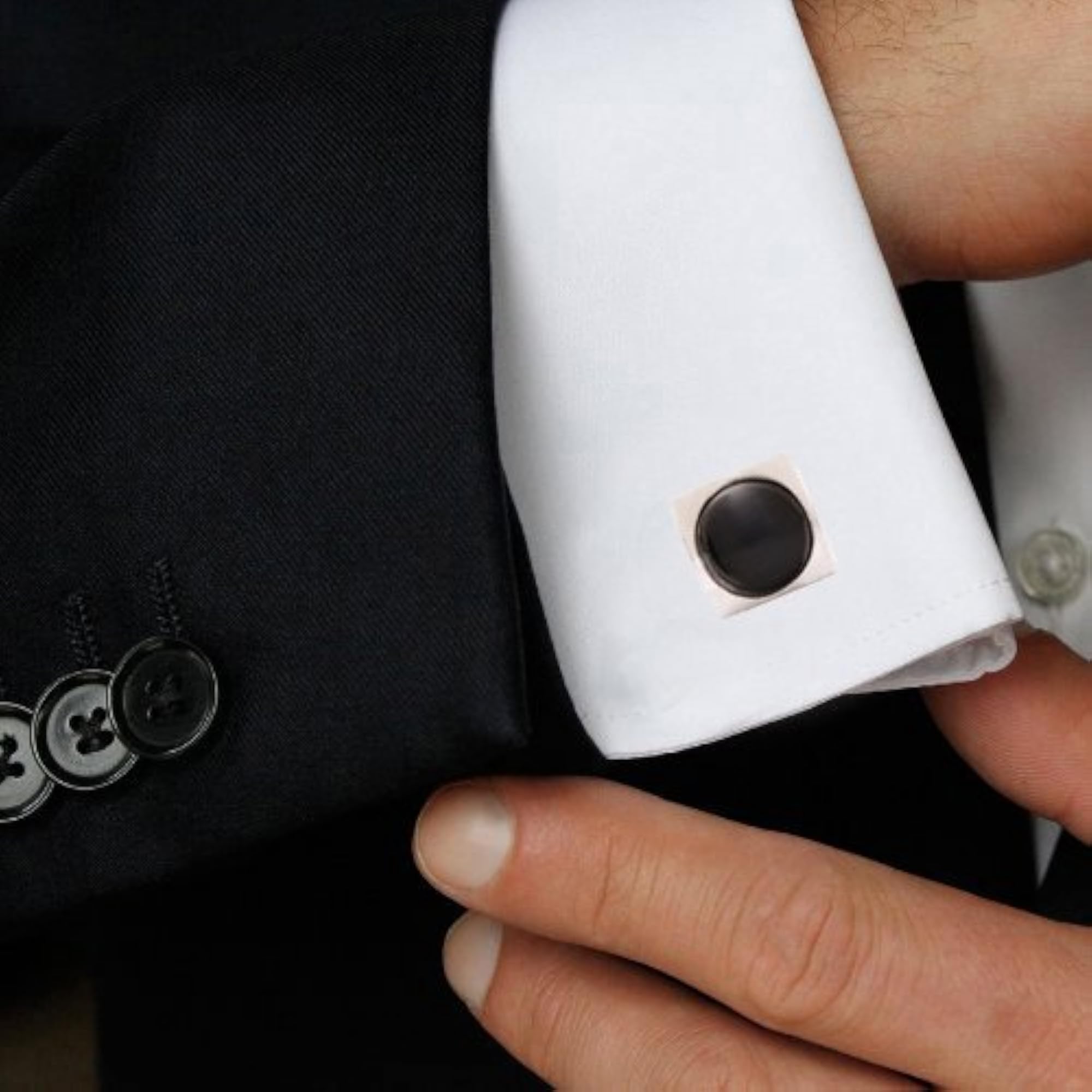 Men's Silver Cufflinks Set with Black Stone