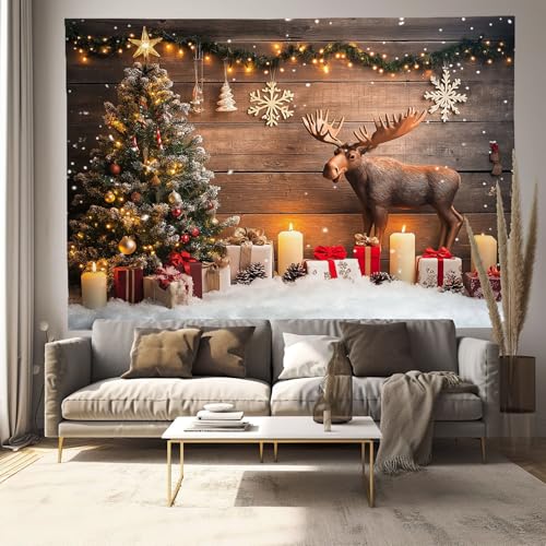 Tapisserie tenture murale sapin de Noël élan bougies imprimé 150x130