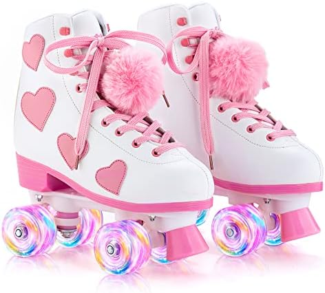 Ruthfot Women's and Girl's Classic Roller Skates with Light up Wheels and Love Heart Pattern, High-top PU Leather Rollerskates