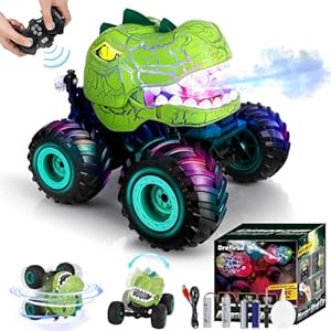 Drefirsa Remote Control Car for Boys Age 4-7 8-12, 50min+ Runtime Dinosaur Monster Truck Toy with Spray, Light, Music, Stunts, Birthday Gift for Boy 3 4 5 6 7 8 9 10 Year Old