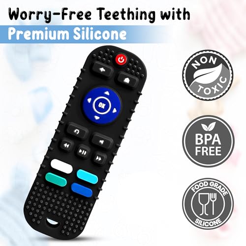 Image of GLUN BPA Free Silicone Remote Shape Teether For Growing Babies, Pack of 1 Black Colour Remote Teether for 6 To 12 Months Baby, Helps Biting Skills Development, Colour & Shape Recognition, Toys For Babies