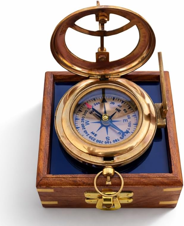 Antique Brass Sundial Compass with Wooden Box – 2.5 Inch Nautical Navigation Instrument, Vintage Maritime Decor Gift for Collectors & Men