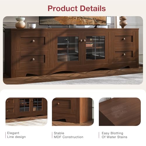 oneinmil 70\" TV Stand for for Living Room, Wood Entertainment Center with 4 Large Drawers, TV Console with Glass Door Storage Cabinet, Mid Century Modern TV Stands for TVs up to 75\", Brown
