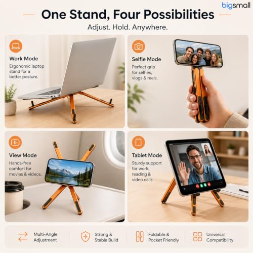 Image of Bigsmall Adjustable Foldable Laptop Stand with Magnetic Phone Holder - Anti-Slip Aluminium Alloy Stand for Laptop, Tablet & Mobile (4-16 Inch Compatible, Portable & Lightweight) (Orange Pack of 1)