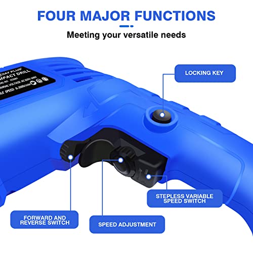 Power 230V 850W Rotary Hammer Drill Set, Wood Concrete Steel Stone Electric Breaker with 360° Rotatable Side Handle 3000rpm Variable Speed Depth Gauge 13mm Chuck and Drill Bits(5/6/8mm) - Image 6