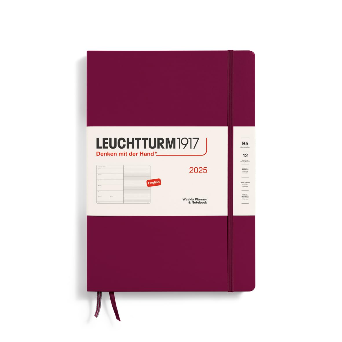LEUCHTTURM1917 370640 Weekly Calendar & Notebook 2025, Composition B5 Hardcover - 12-Month Planner, Lined - Port Red, English