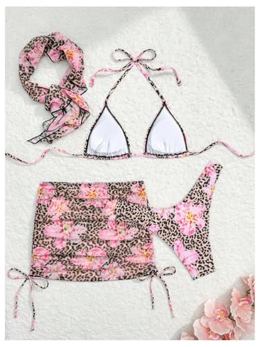 MakeMeChic Women's 4 Piece Bikini Set Floral Leopard Print Halter Triangle Swimwear with Cover Up Skirt3