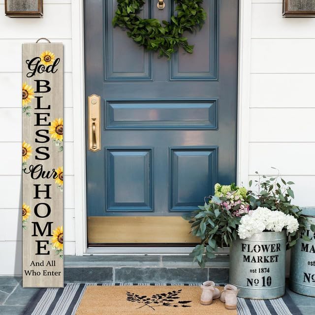 SRongmao (48x8)IN Tall God Bless Our Home And All Who Enter Vertical Signs For Front Door Porch Stand Farmhouse Rustic Wood Hanging Welcome Sign For Home Decor Yard Garden Entry Spring Summer