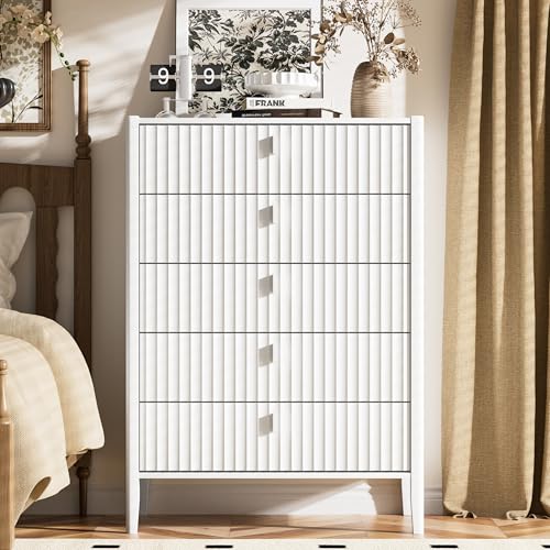 Image of Furniway White 5 Drawer Dresser, 31.5 inch Wide Modern Chest of Drawers with Fluted Front and Metal Handles, Storage Dresser for Bedroom, Living Room, or Entryway