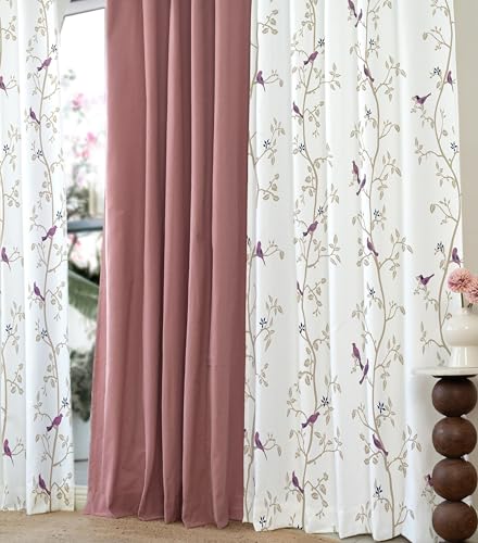 Image of Tranquebar Curtain Co. Window Curtains 5 Feet, 60-65% Room Darkening, Pink Bird Print,Cotton Curtains for Window,Cotton Curtains 5 Feet Set of 3,BackTab Loops,Design Yori Red combo (152 cm) - Set of 3