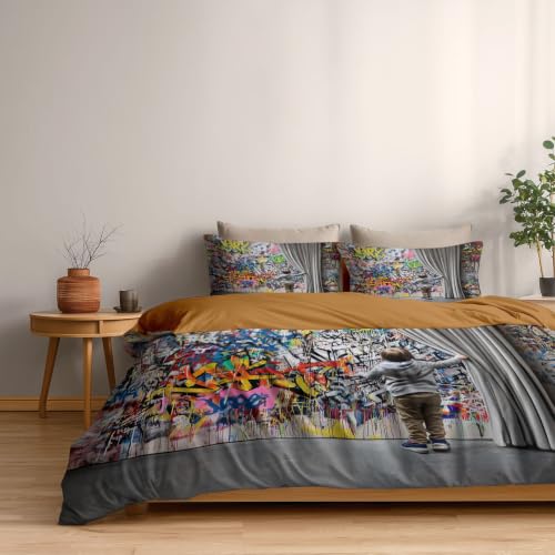 Housse de couette 200x200 cm en microfibre douce style graffiti vibrant