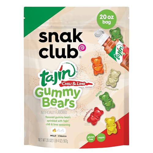 Snak Club Tajin Gummy Bears, Assorted Fruit Candy Gummies with Chili and Lime Seasoning, Mild, Gluten-Free and Vegan Snacks, 20 oz Resealable Bag - image 1