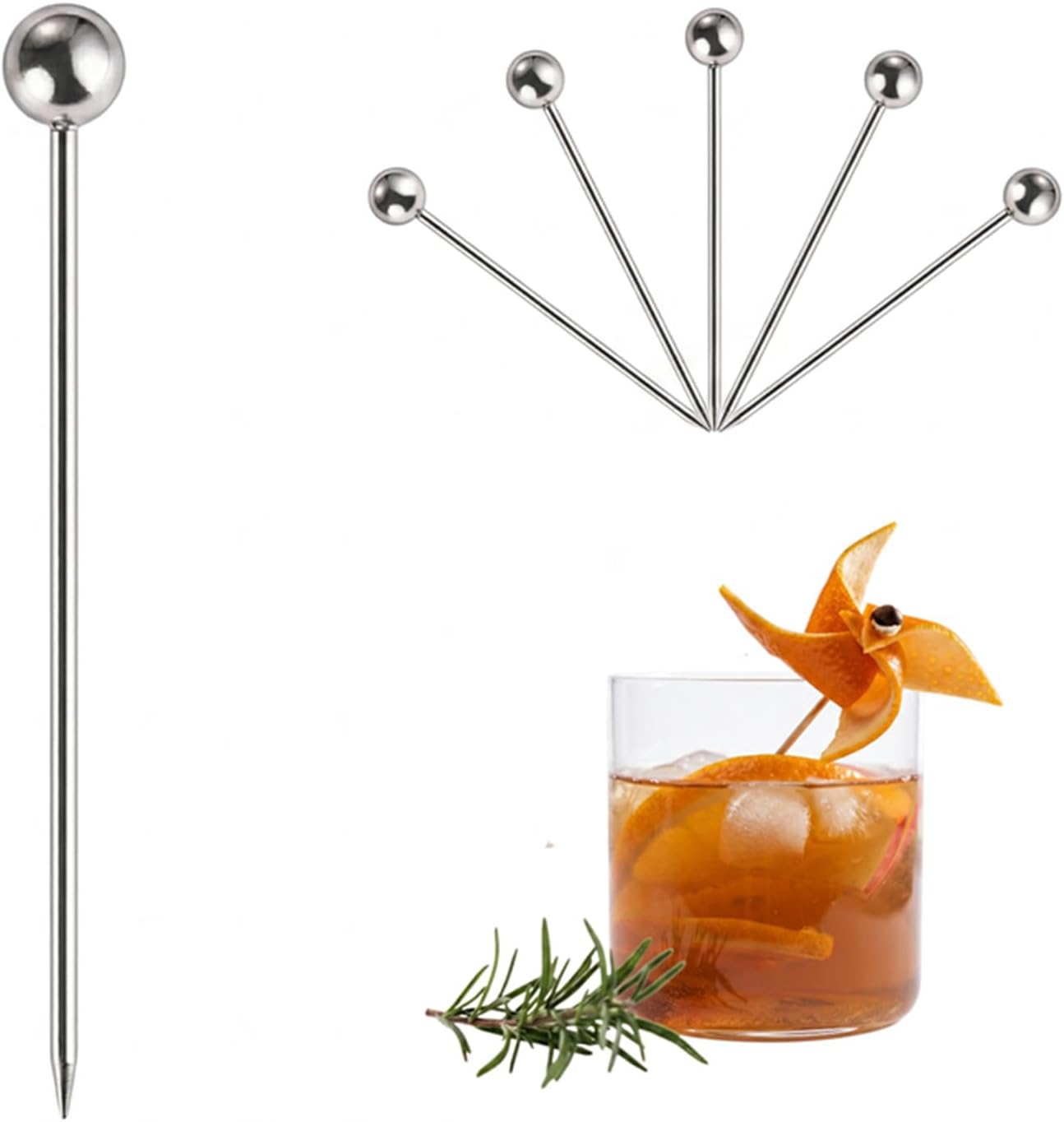 Stainless Steel Cocktail Picks 24 Pack, 4.25 Inch Ball Head Reusable Appetizer Skewers, Food Grade Metal Fruit Toothpicks for Garnish Olives Orange Peel Party Drink Decor, Dishwasher Safe