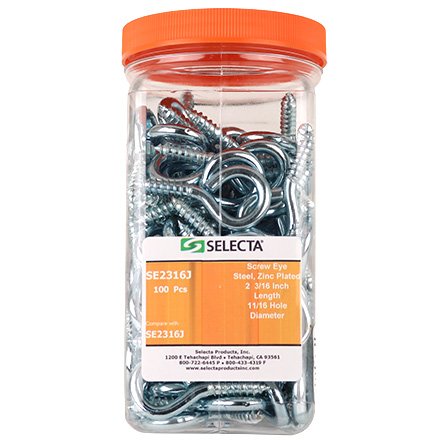 Selecta SE2316J Steel, Zinc Chromate 2-2/16 x .225 Screw Eyes with Lag Screw Thread, Jar of 100