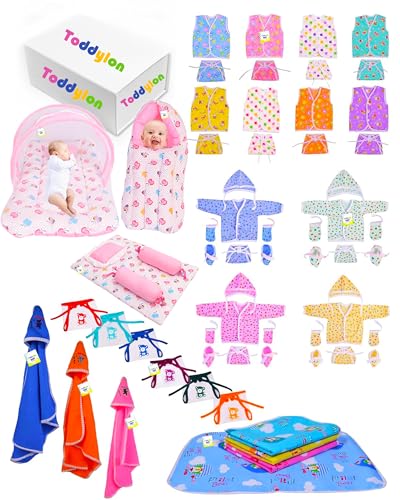 Image of Toddylon 56 in 1 New Born Baby Products All | Gift Packs | Shower | Bed | Clothing | Essentials Items | Combo Pack | Maternity Kit | Infants | Bedding | Clothes (0-6 Months, Multicolor)